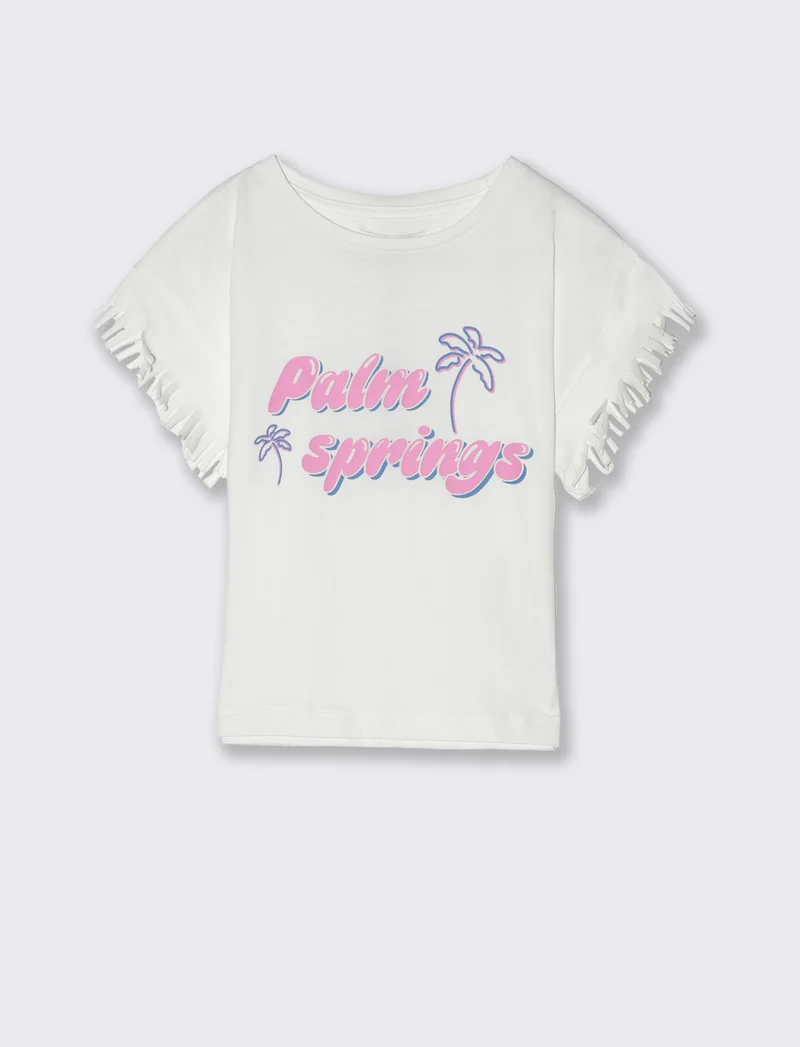 T-shirt mezza manica con frange da bambina - Bianco