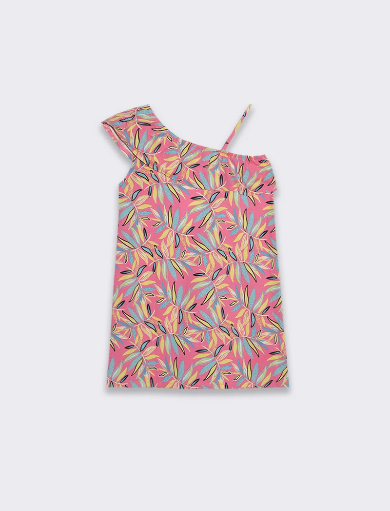 Abito monospalla stampato da bambina - Fuxia
