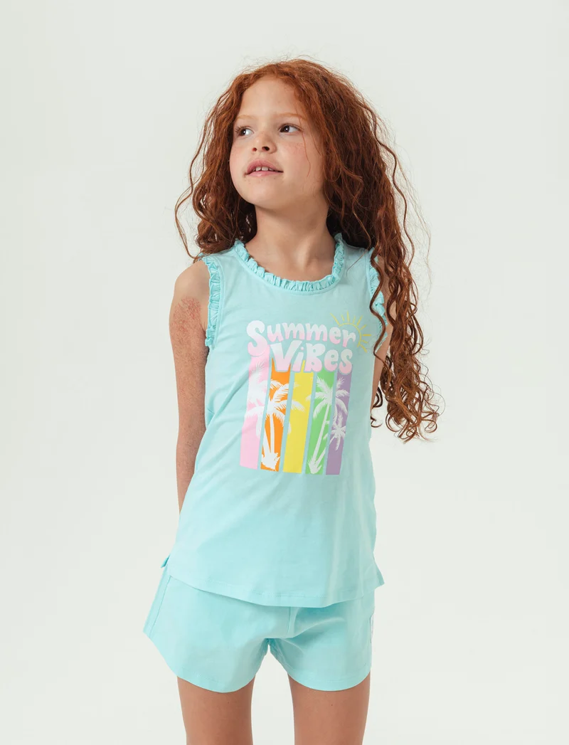 Canotta in cotone piccole rouches da bambina - Verde acqua