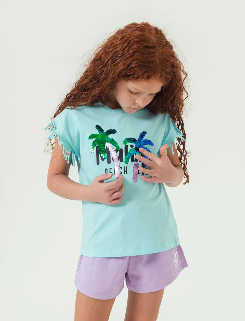 T-shirt con stampa e paillettes da bambina - Verde acqua