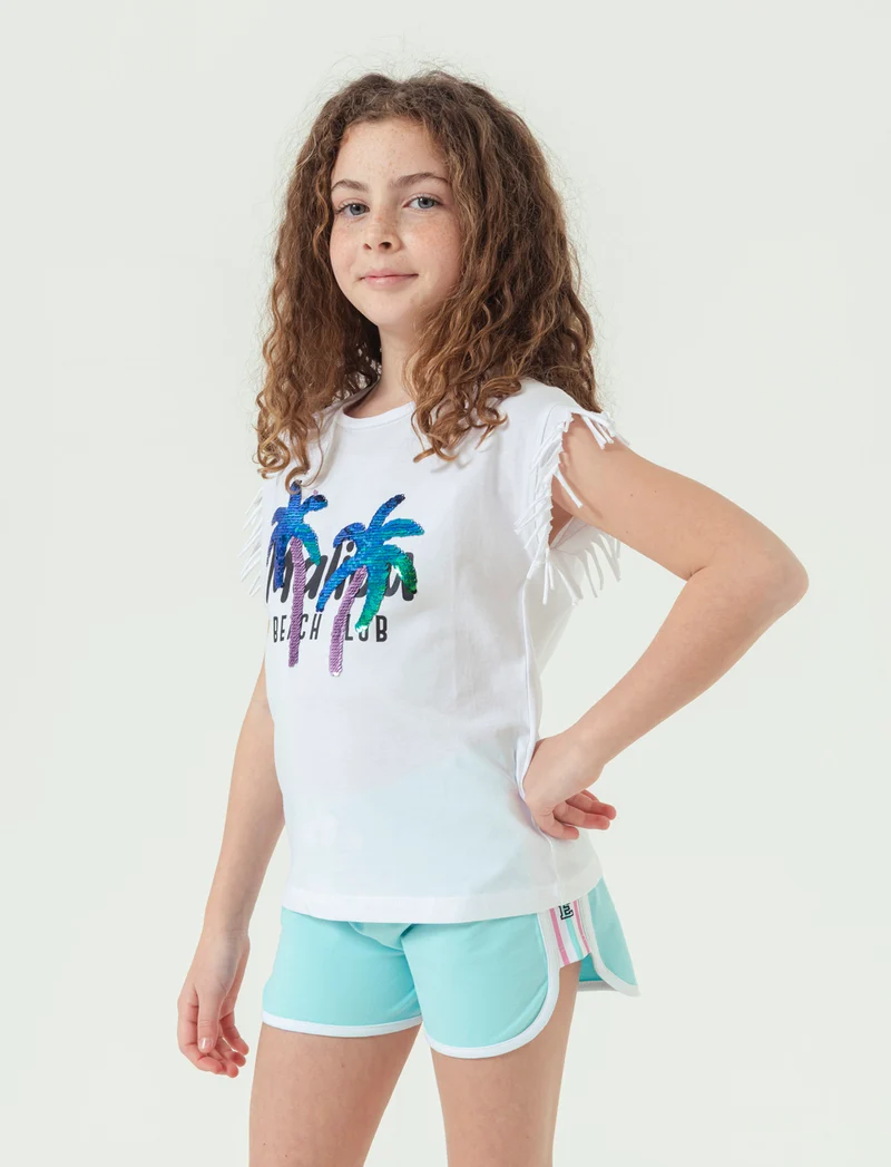T-shirt con stampa e paillettes da bambina - Bianco
