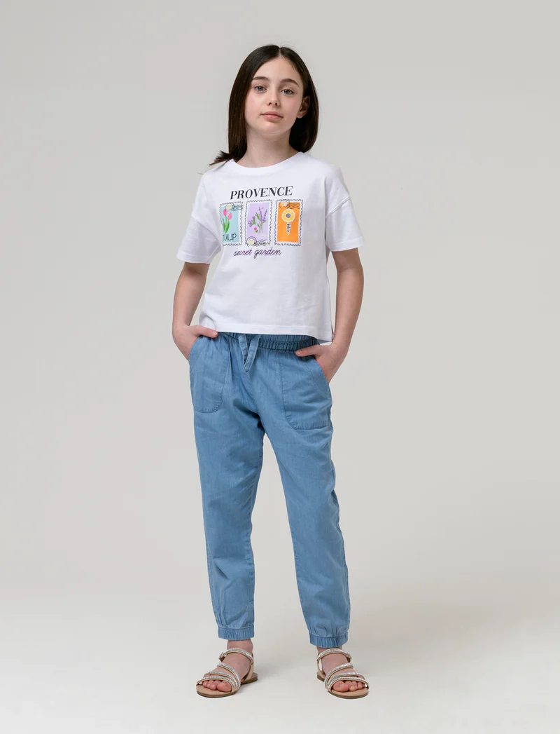 Pantaloni in chambray con elastico da bambina - Denim chiaro