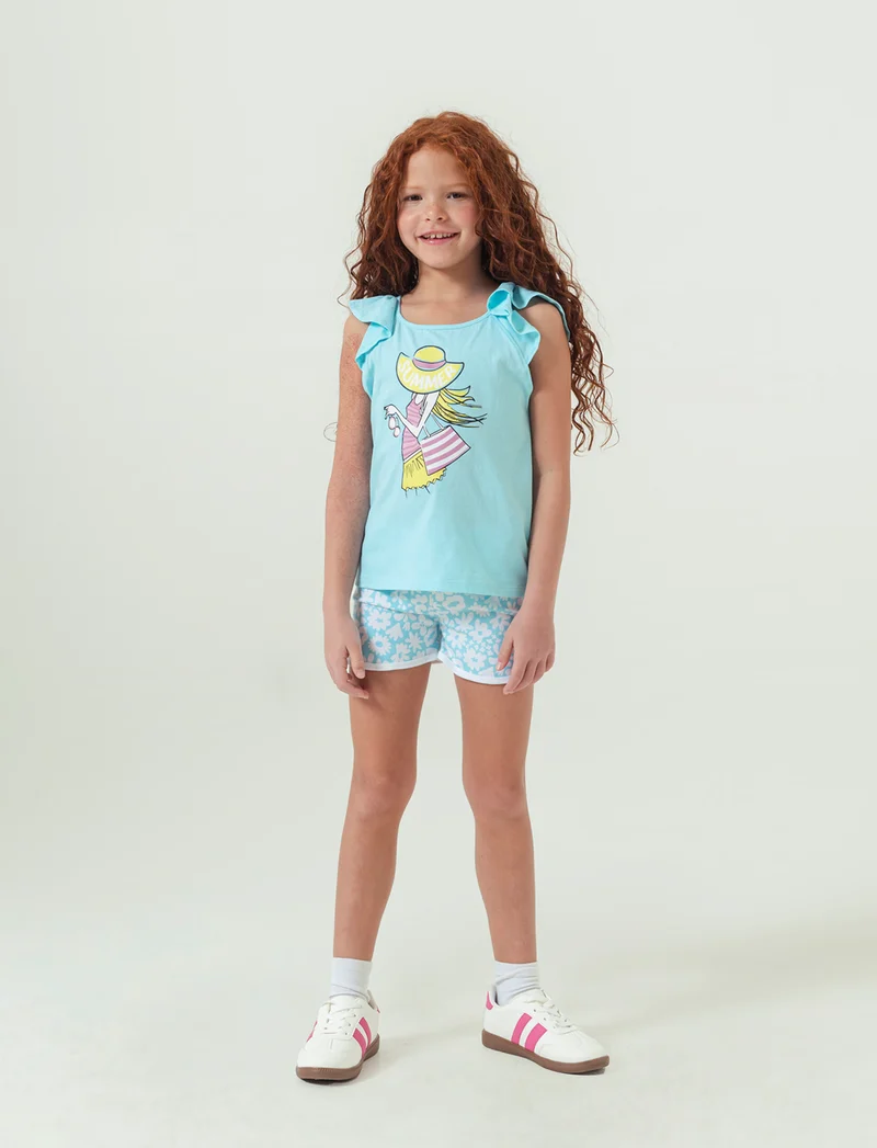Set 2 pezzi canotta e short da bambina - Verde acqua
