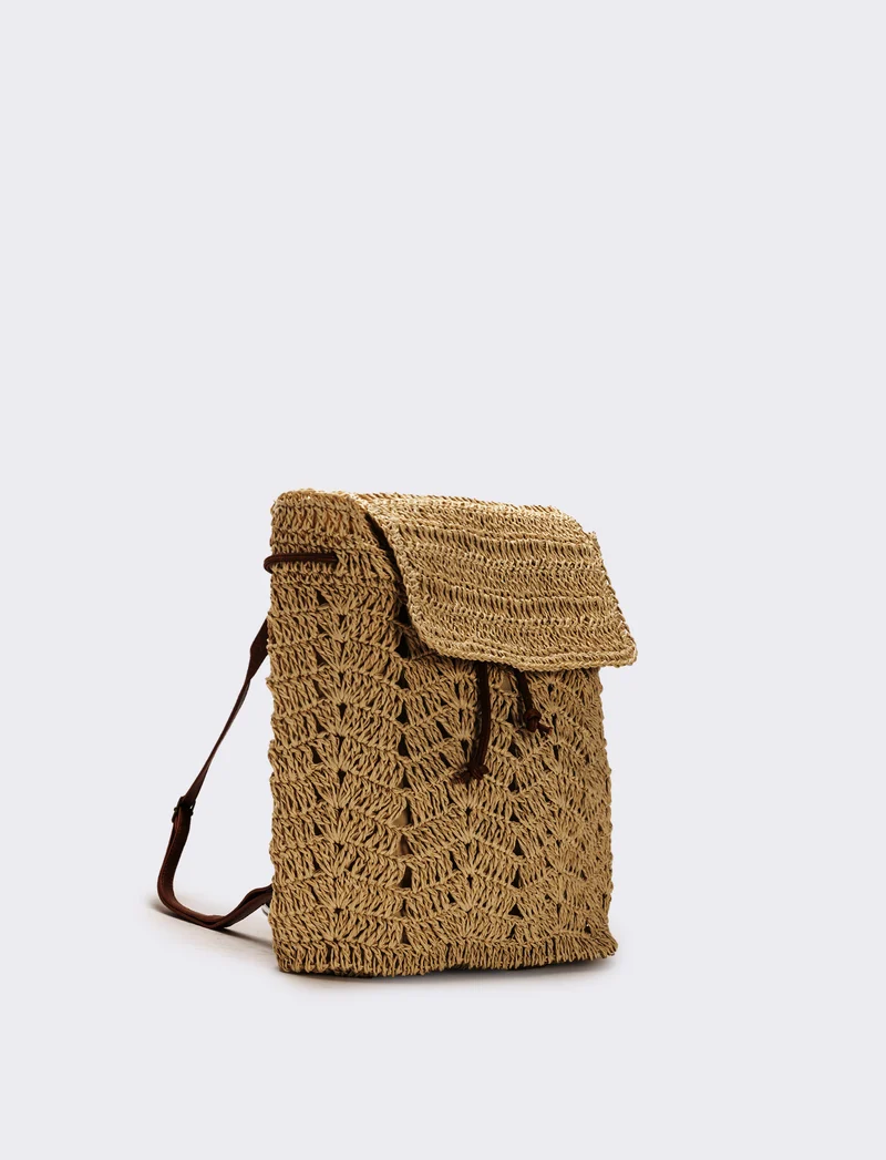 Zaino donna in raffia con patta - Marrone
