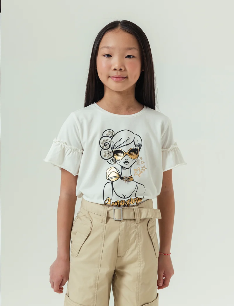 T-shirt elegante da bambina con rouches - Bianco latte