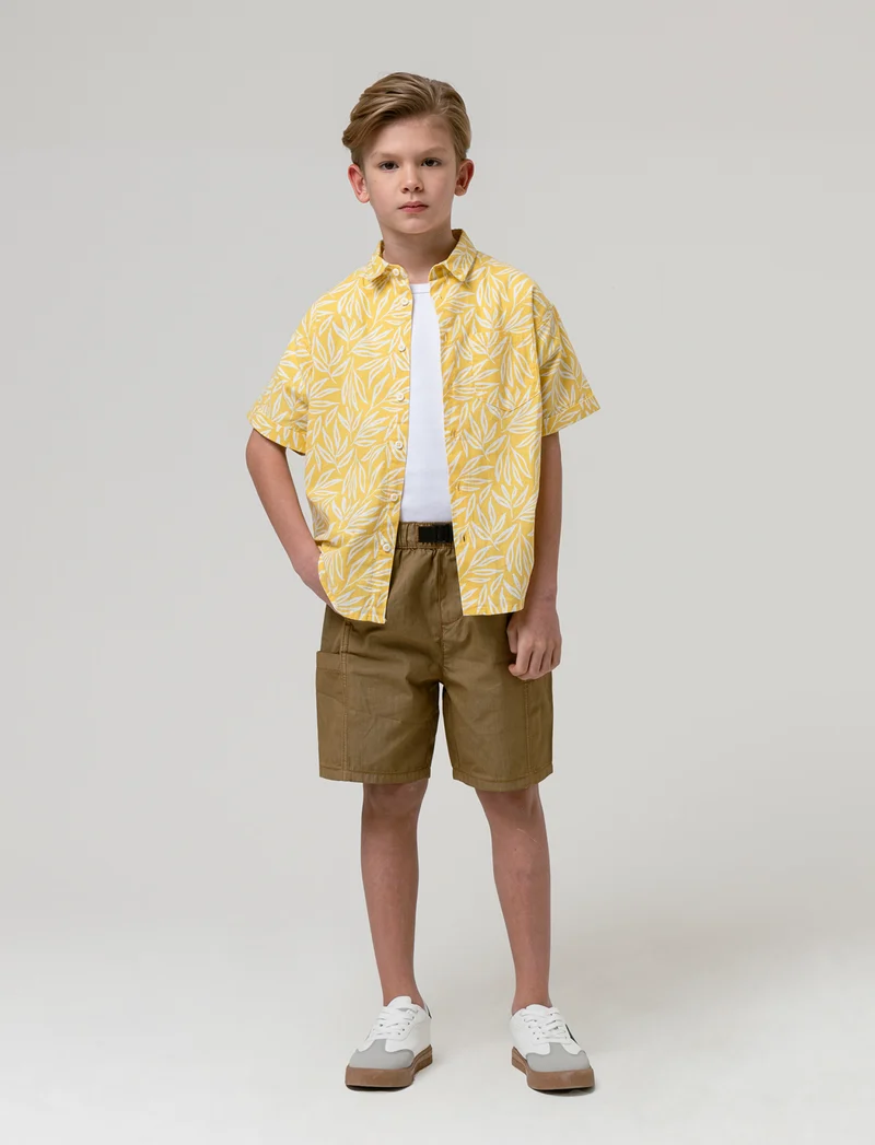 Camicia stampa foglie da bambino - Ocra