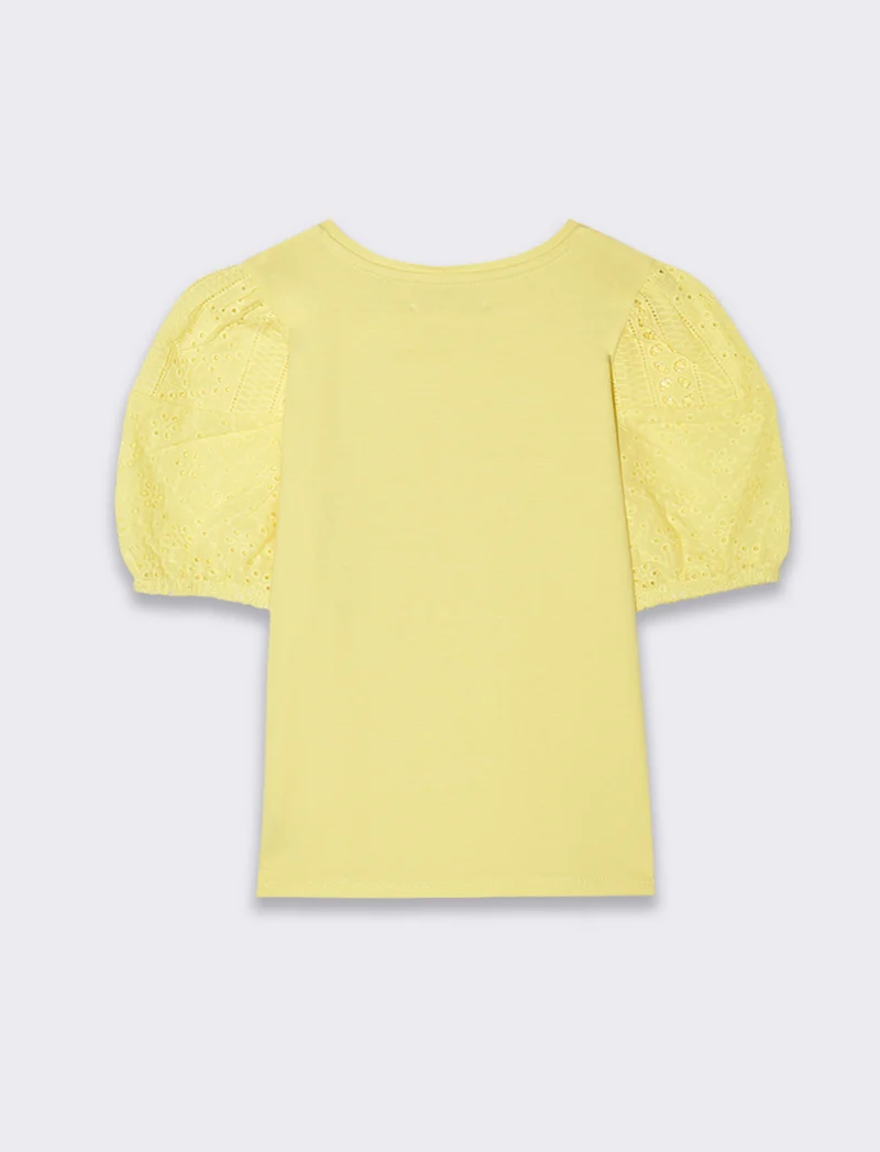 T-shirt con maniche in sangallo da bambina - Giallo