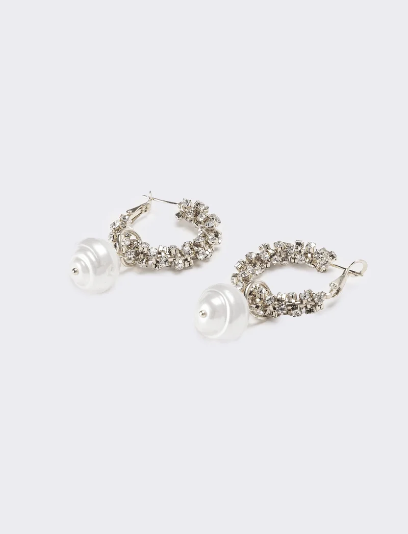Orecchini donna cerchi con strass pendente perla - Argento