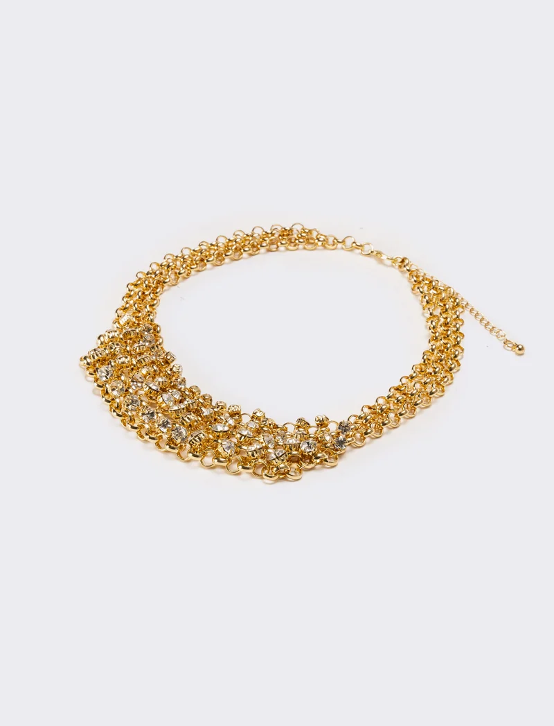 Collana donna con strass e maglia metallica - Oro