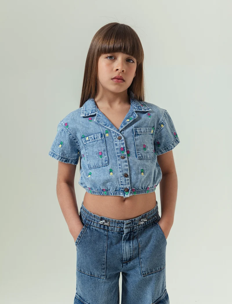 Camicia mezza manica in chambray da bambina - Denim chiaro