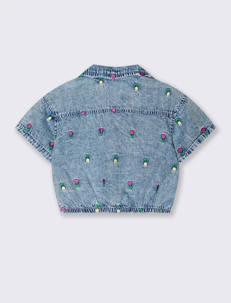 Camicia mezza manica in chambray da bambina - Denim chiaro