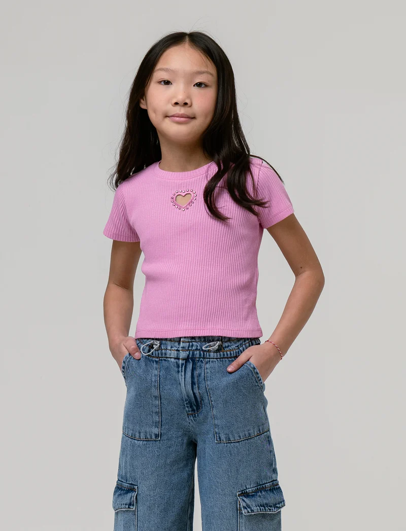 T-shirt in costina con cuore da bambina - Rosa