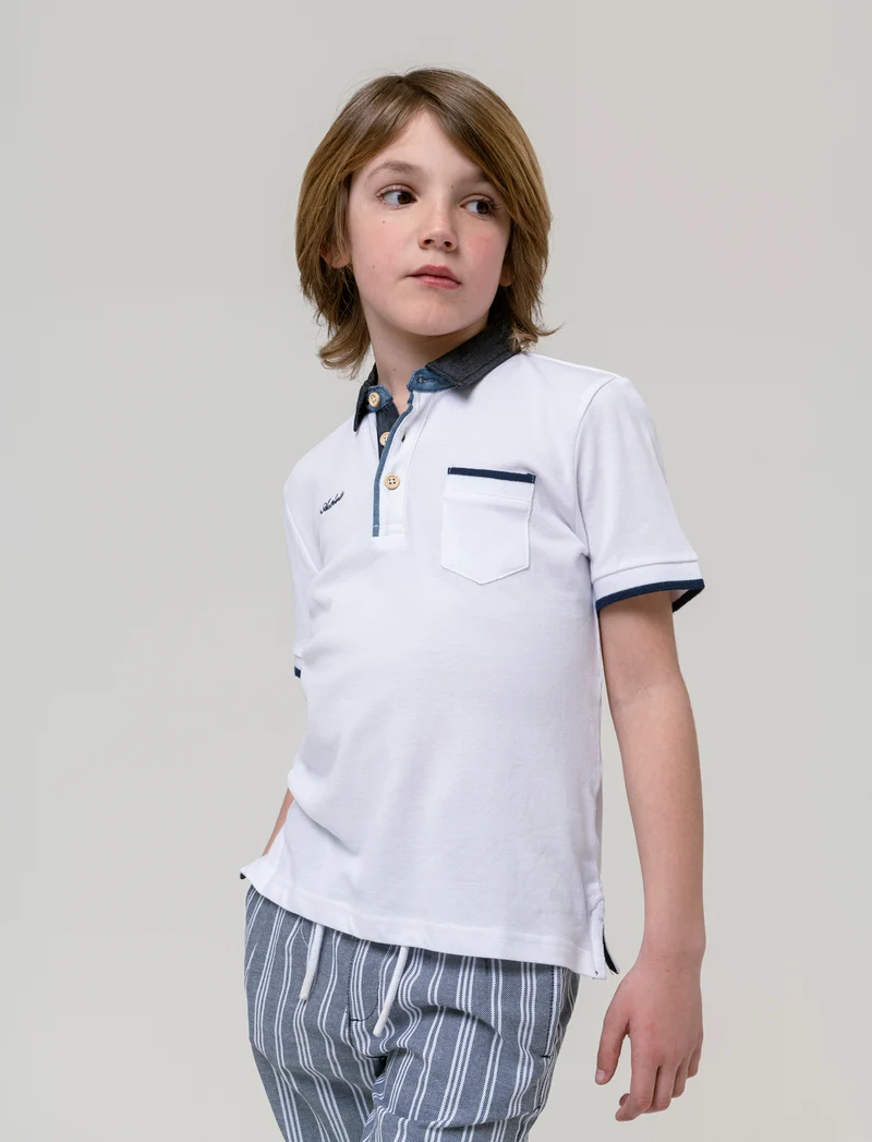 Polo in piquet collo chambray da bambino - Bianco