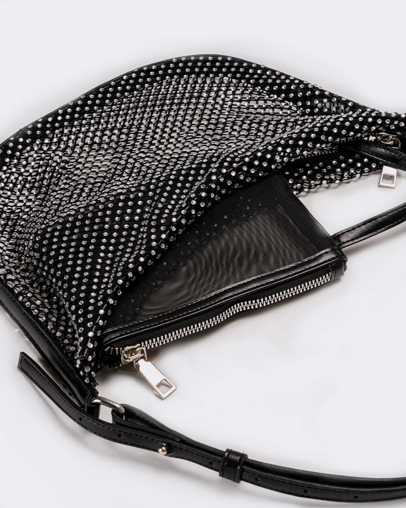 Borsa donna mezzaluna con strass - Nero