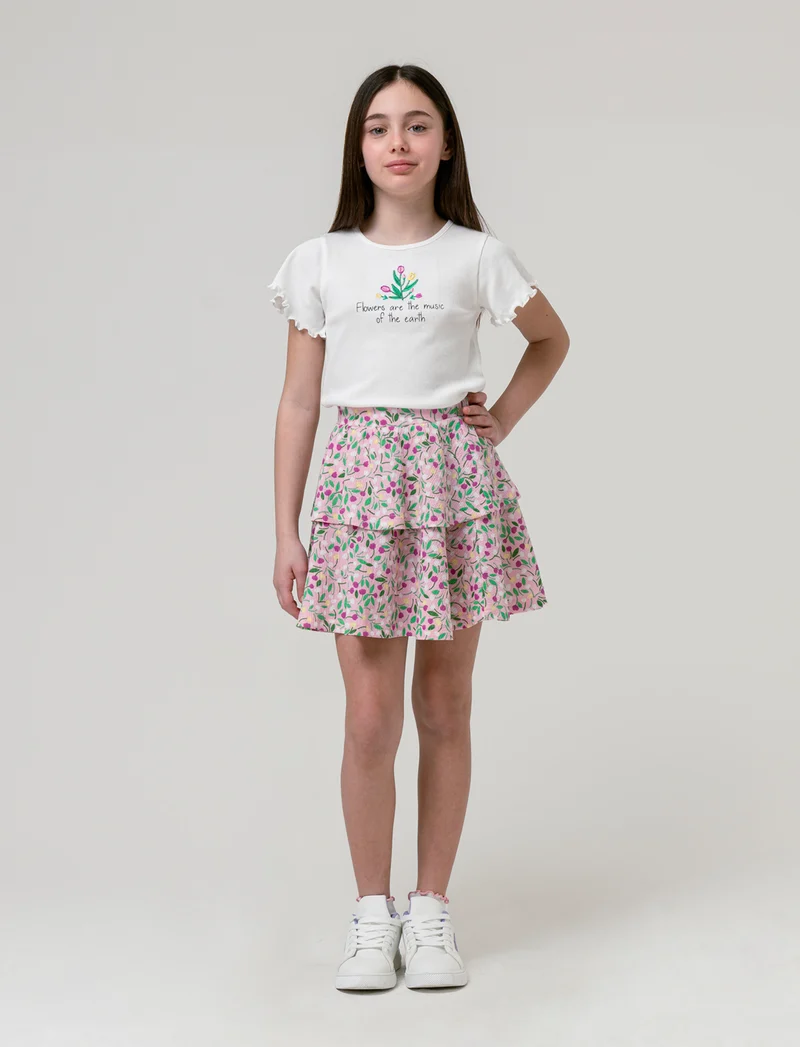 Completo top e gonnellina a balze da bambina - Bianco-rosa