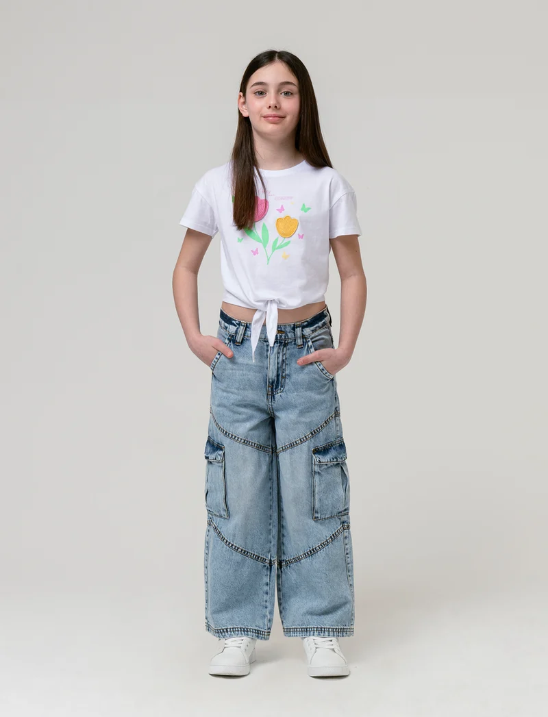 T-shirt in cotone con nodo. da bambina - Bianco latte