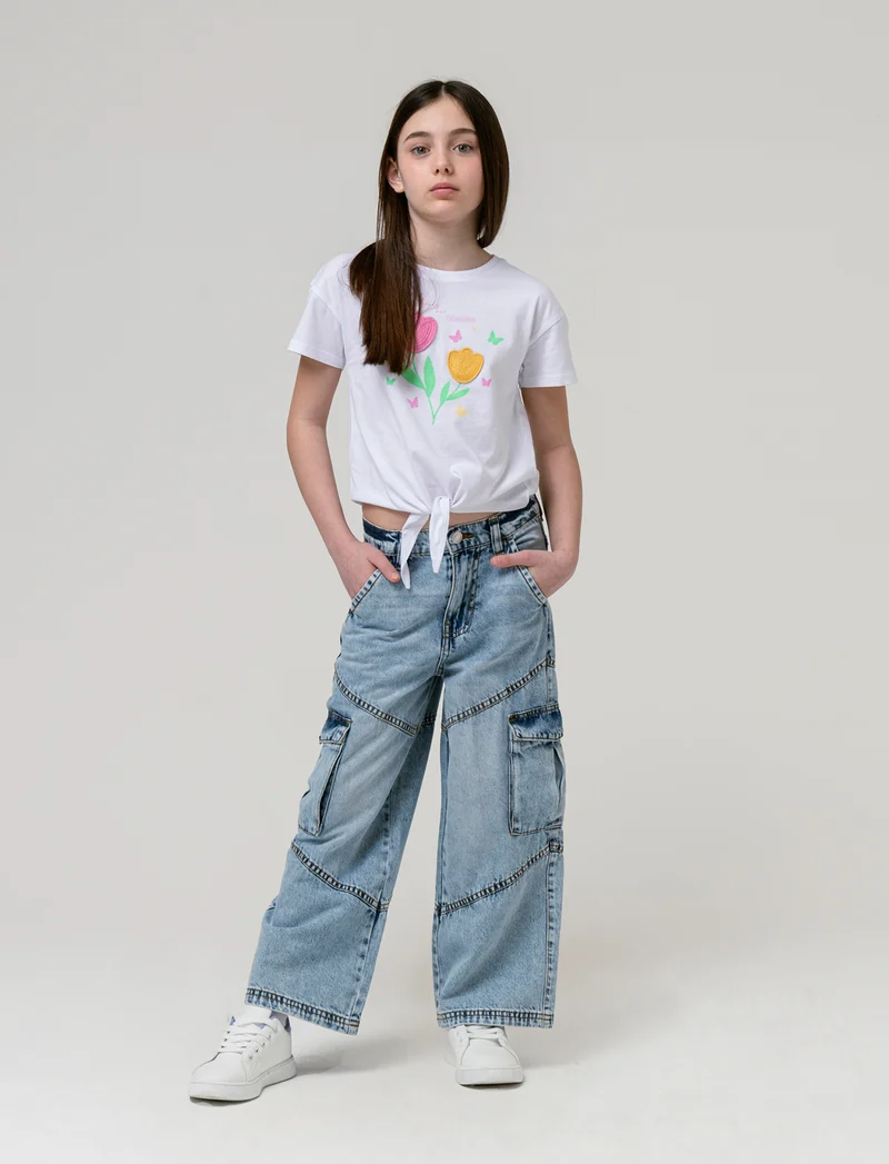 Jeans cargo a gamba larga da bambina - Denim