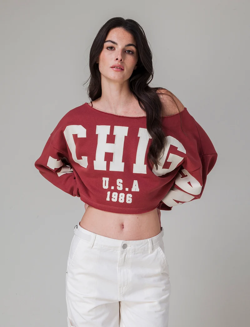 Felpa crop off shoulder da donna - Rosso mattone