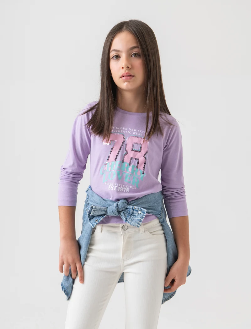 T-shirt manica lunga stampata da bambina - Lilla
