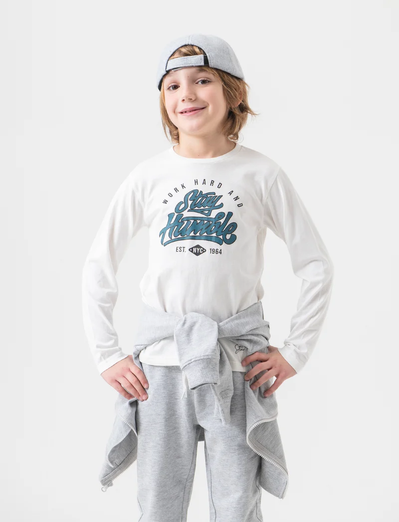 T-shirt in jersey con stampa da bambino - Bianco latte