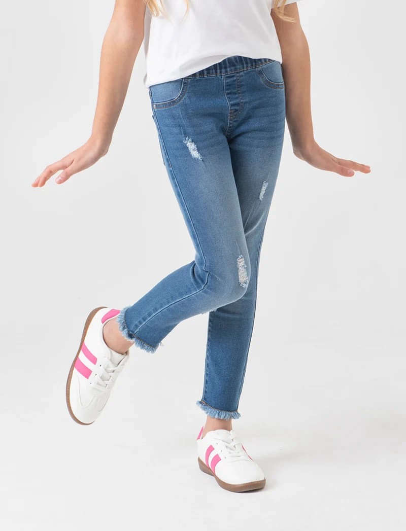 Leggings in denim elastico con rotture da bambina - Denim