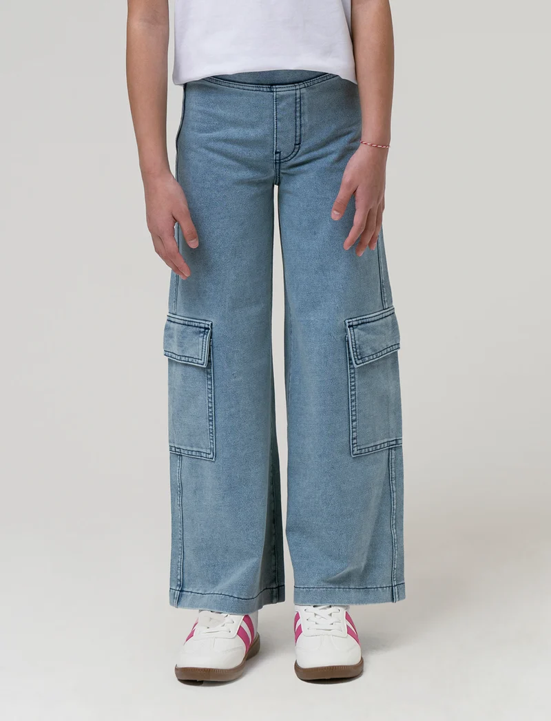 Pantaloni cargo gamba larga effetto denim da bambina - Denim chiaro