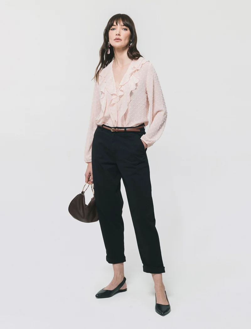 Pantalone Chino con Cintura e Risvolti - Nero