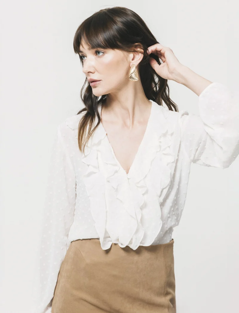 Camicia con scollo a V e rouches - Avorio