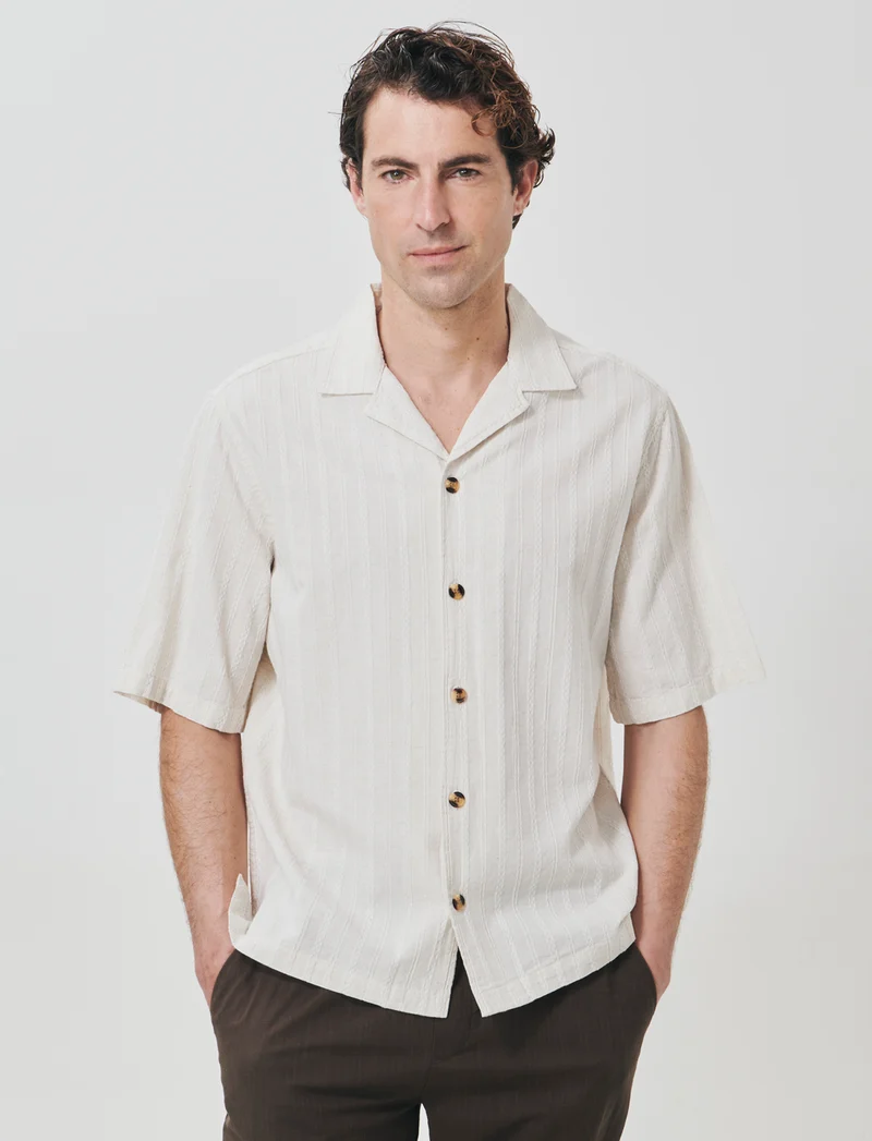Camicia boxy fit in cotone lino jacquard - Beige ecru