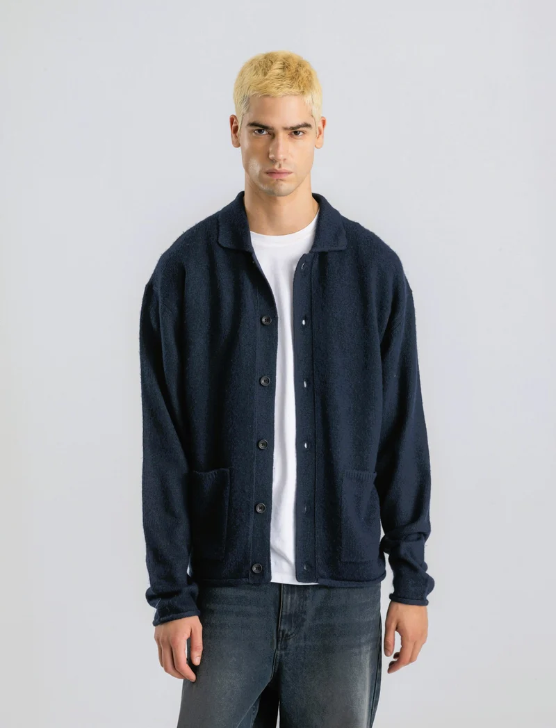 CARDIGAN IN MAGLIA CON COLLO CAMICIA - Blu