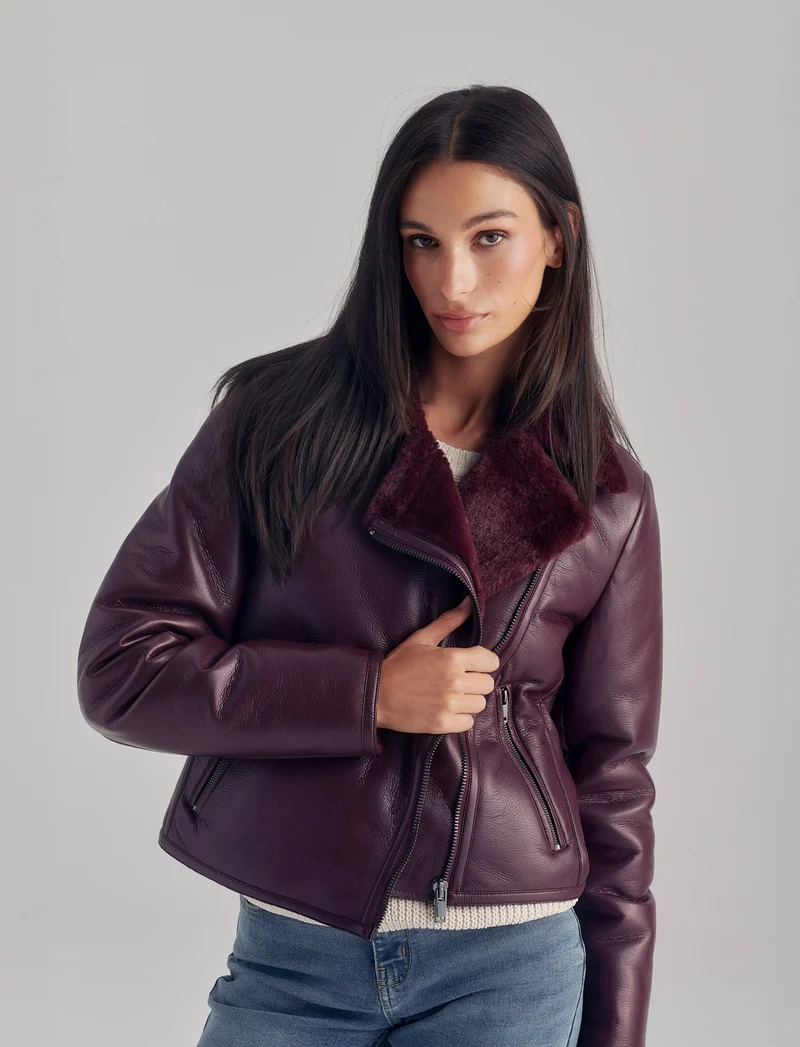 GIUBBOTTO MODELLO CHIODO CON INTERNO IN TESSUTO EFFETTO SHEARLING - Bordeaux