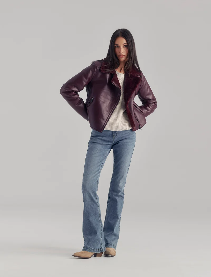 GIUBBOTTO MODELLO CHIODO CON INTERNO IN TESSUTO EFFETTO SHEARLING - Bordeaux