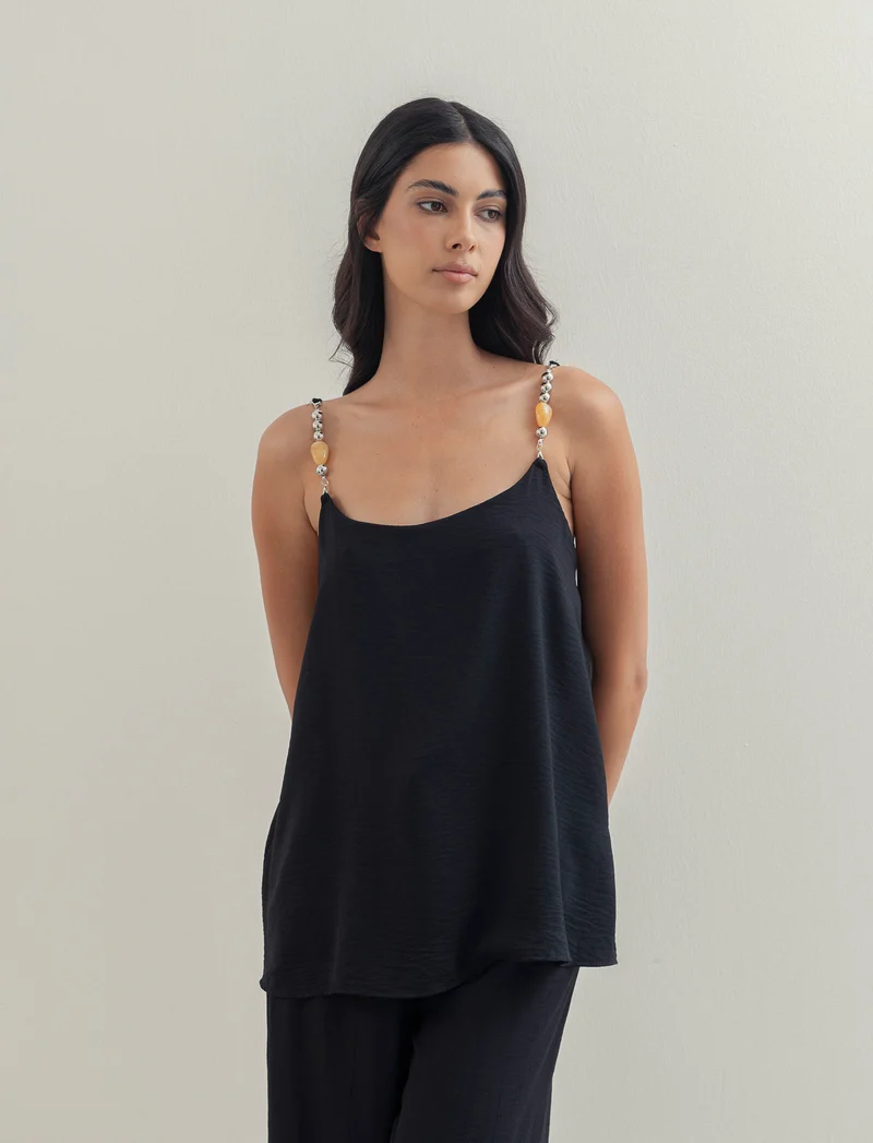 Top con bretelle con accessorio - Nero