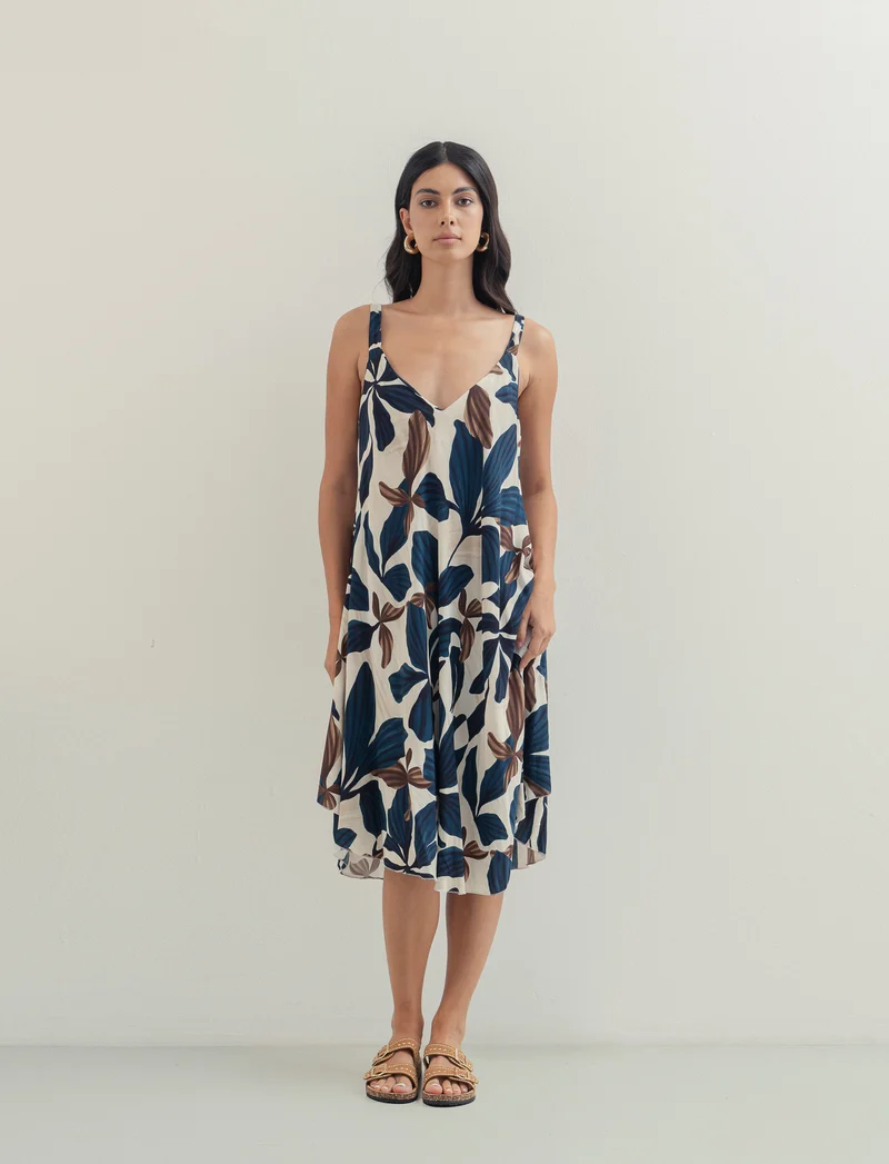 Vestito in viscosa stampato con bretelline - Blu