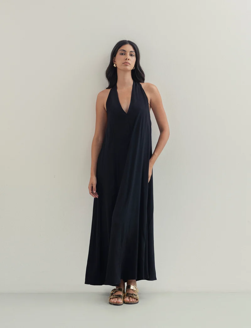 Vestito lungo in viscosa con incrocio sulla schiena - Nero