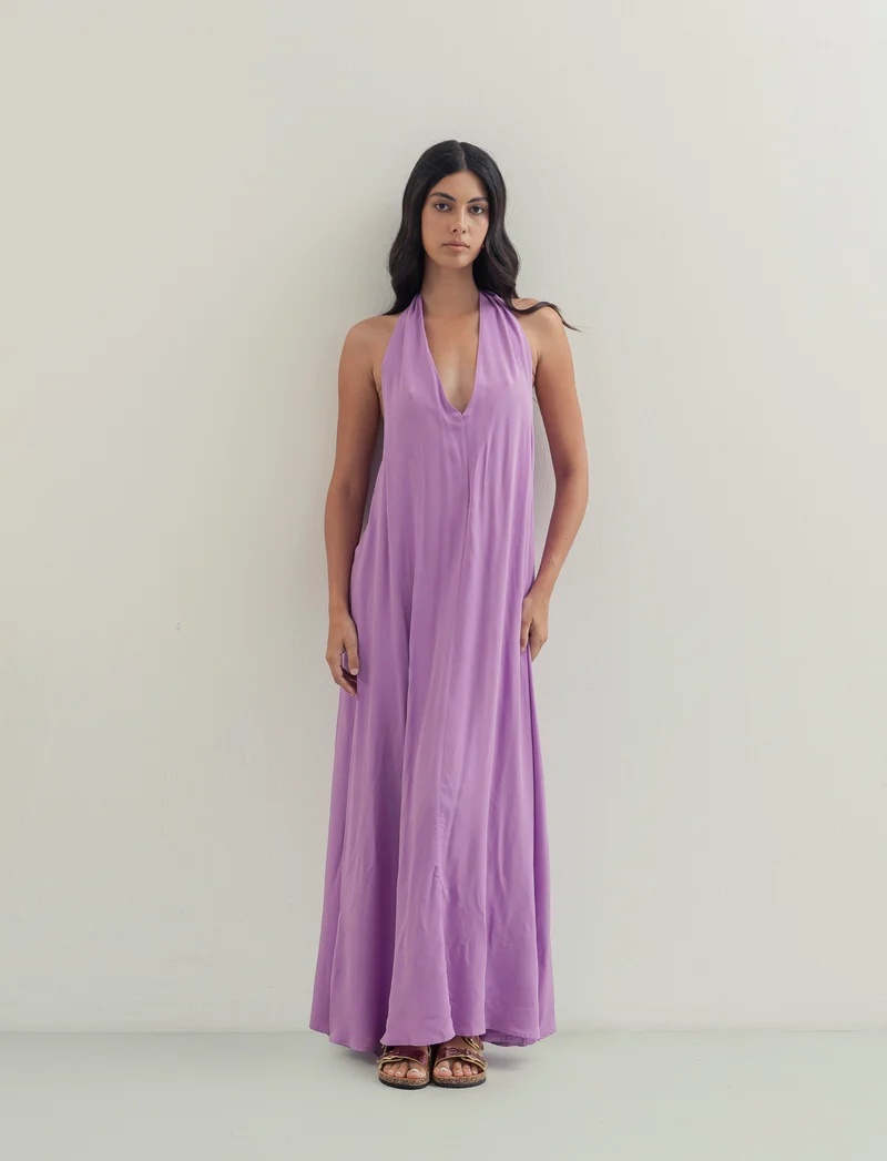 Vestito lungo in viscosa con incrocio sulla schiena - Lilla