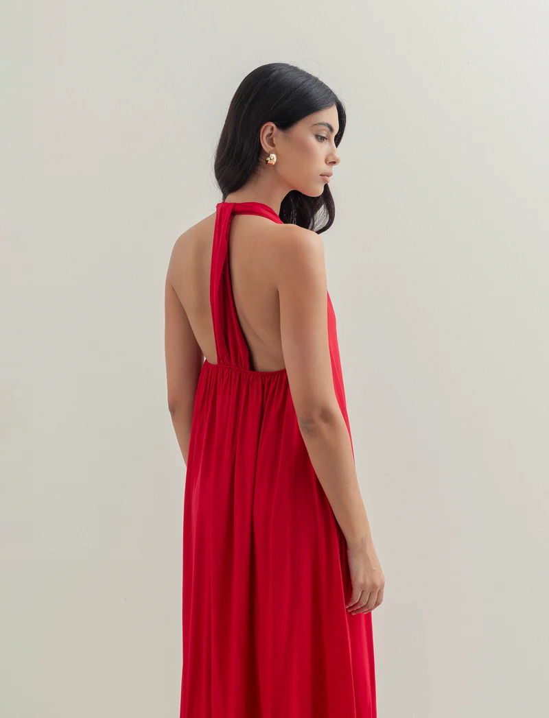Vestito lungo in viscosa con incrocio sulla schiena - Rosso