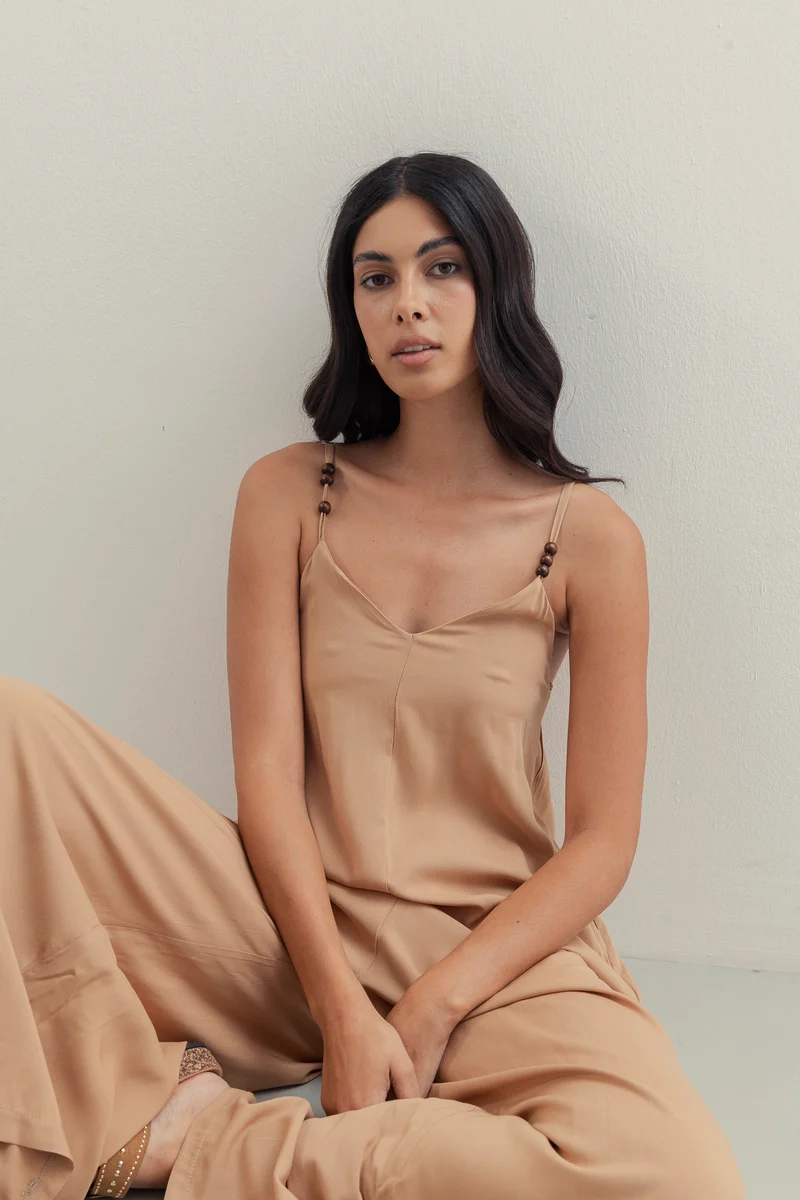 Vestito lungo in viscosa con bretelle - Beige
