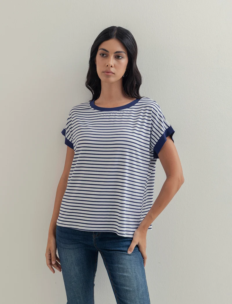 tshirt in viscosa rigata - Bianco-blu