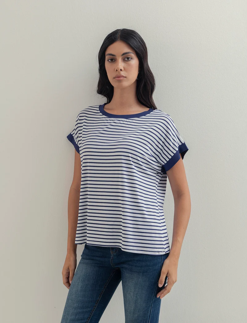 tshirt in viscosa rigata - Bianco-blu