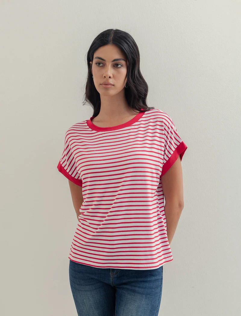 tshirt in viscosa rigata - bian-rosso