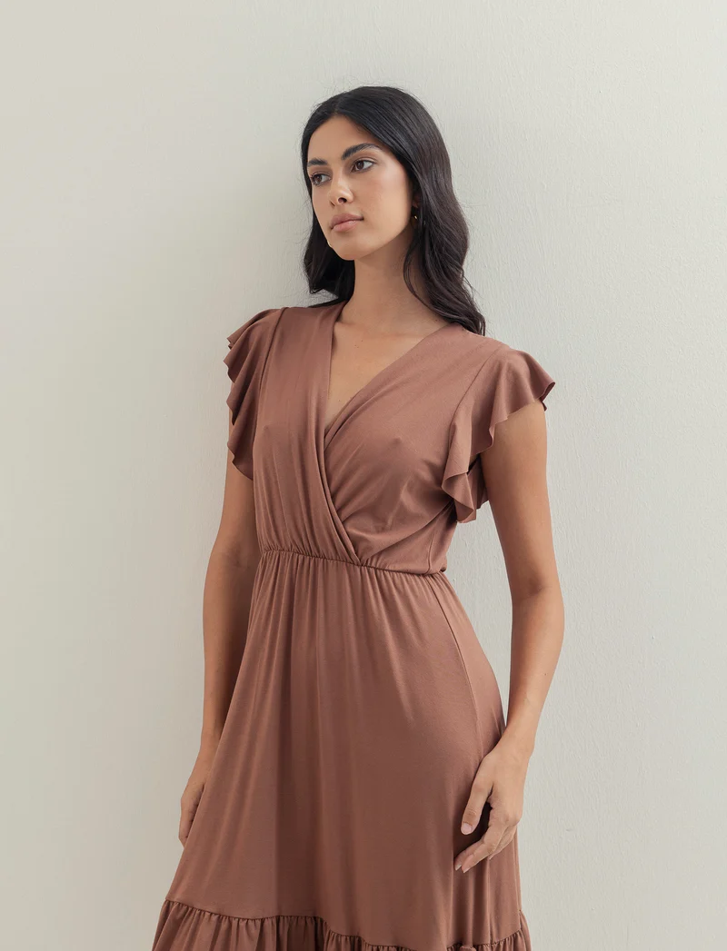 Vestito lungo con volants per donna - Marrone tabacco