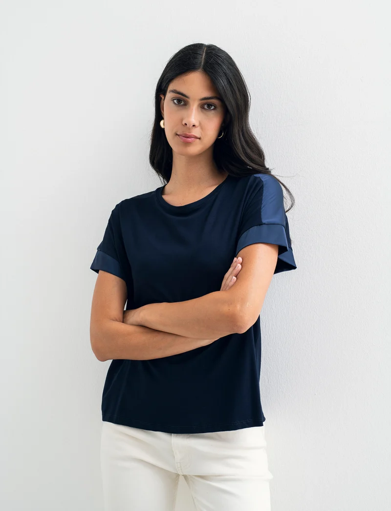 Top stampato sul davanti con scollo sciallato - Blu