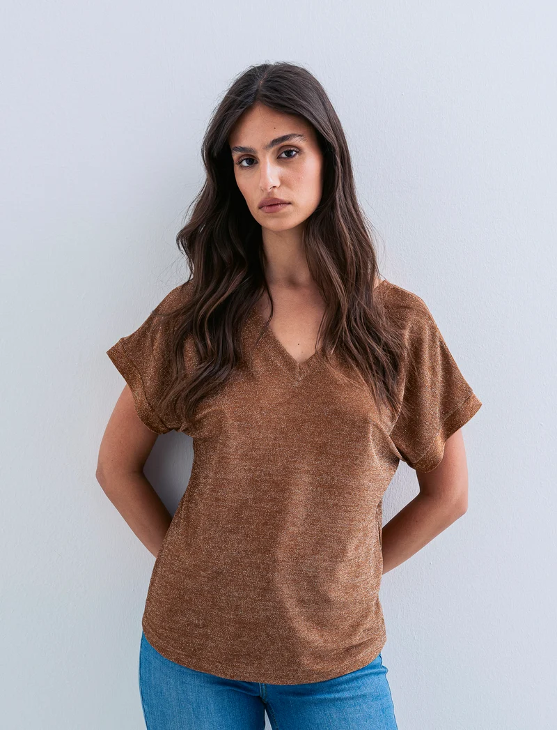 TSHIRT IN TESSUTO LUREX CON SCOLLO A V - Marrone tabacco