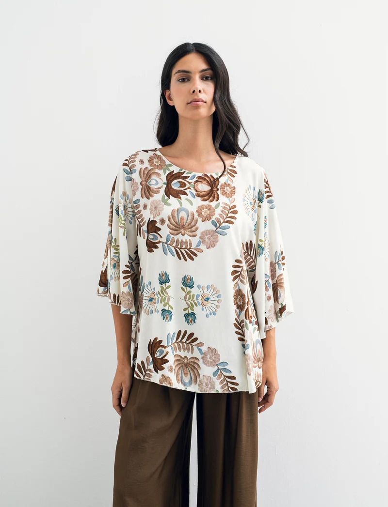 Tshirt in viscosa stampato - Marrone tabacco