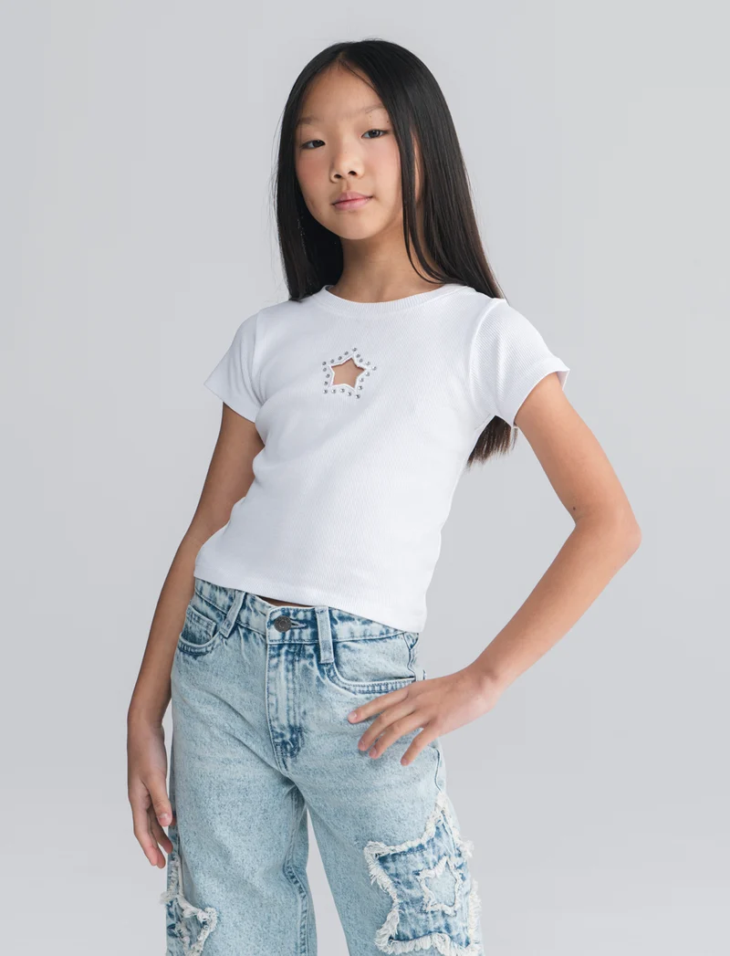 T-shirt in costina con stella e strass - Bianco