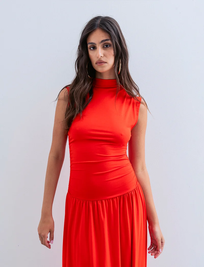 Vestito smanicato in viscosa per donna - Corallo
