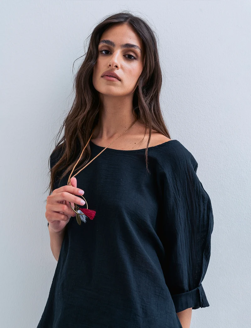 Casacca over con collana in cotone e lino - Nero