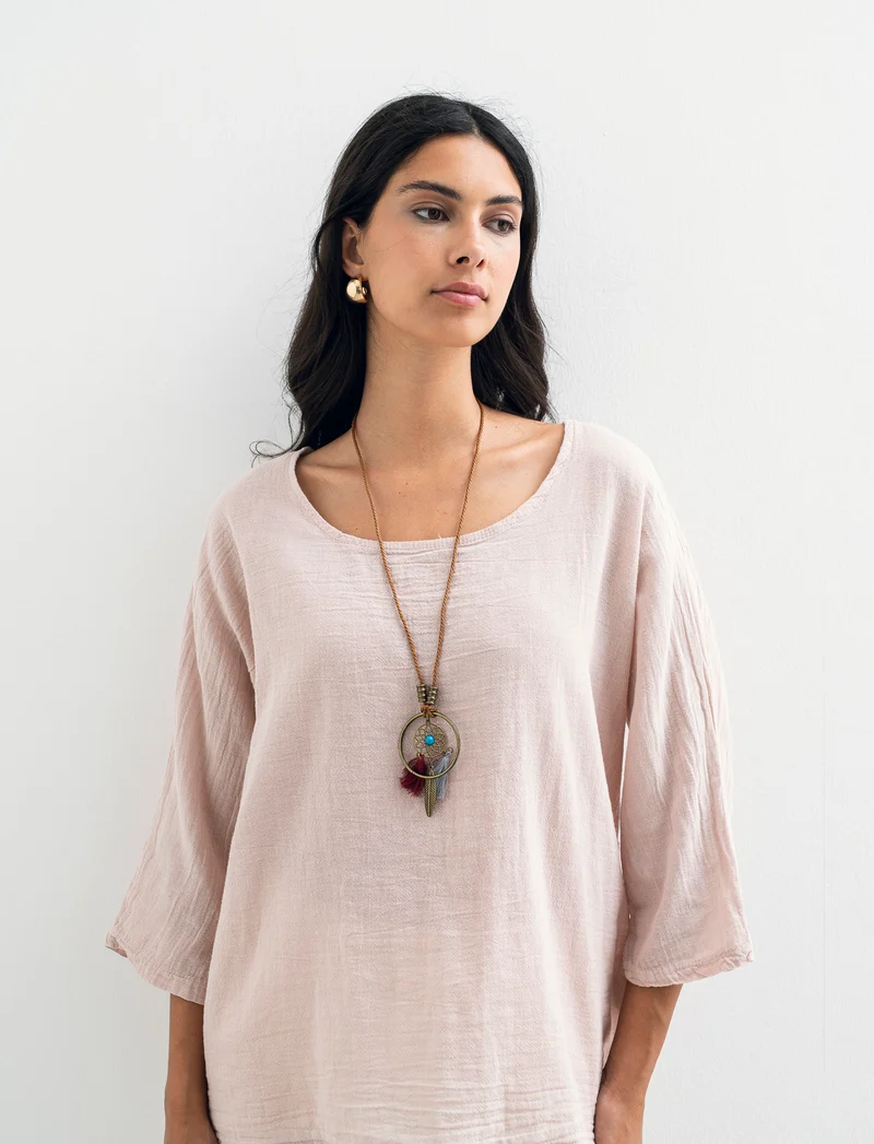 Casacca over con collana in cotone e lino - Rosa