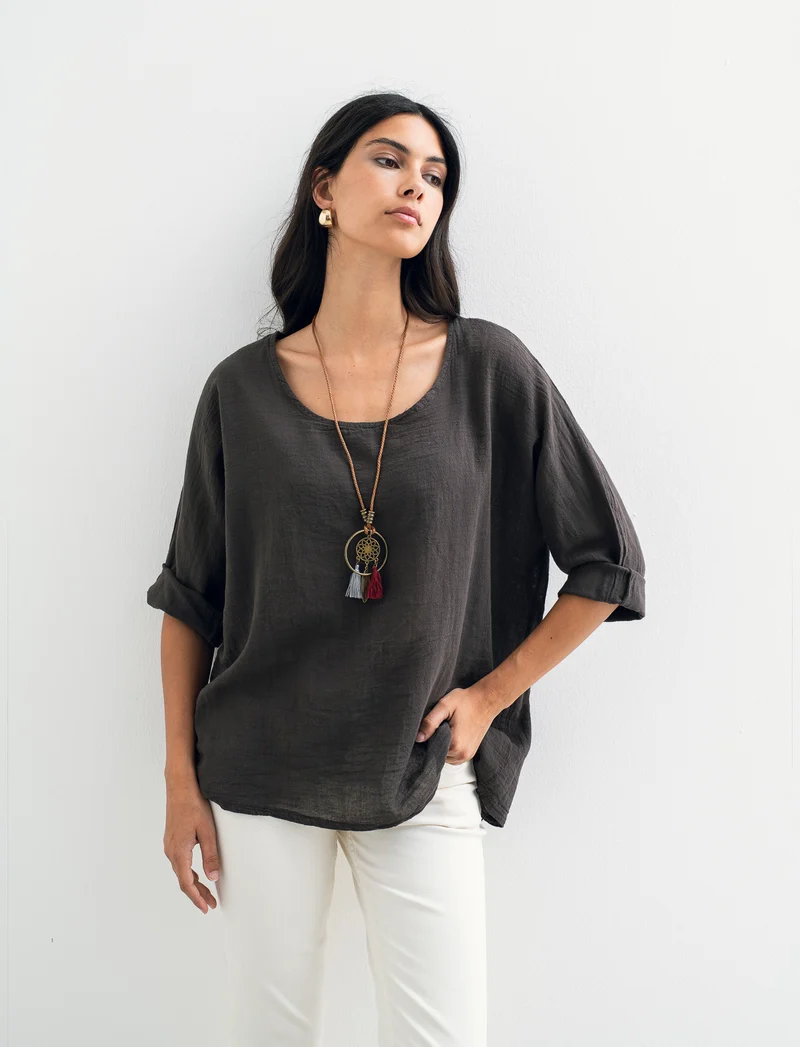 Casacca over con collana in cotone e lino - Moro